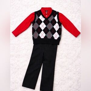 Van Heusen Boys 3 Piece Outfit Argyle Vest Red Shirt Black Pants Size 4 Holiday